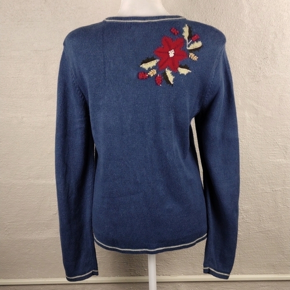Christopher & Banks Hand Embroidered Poinsettia Blue Button Up Cardigan Sweater - Picture 8 of 13